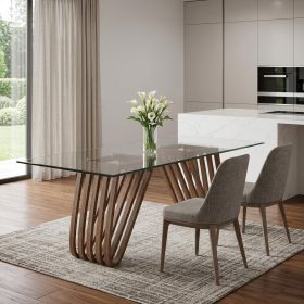 83" Clear And Brown Glass And Solid Wood Double Pedestal Base Dining Table