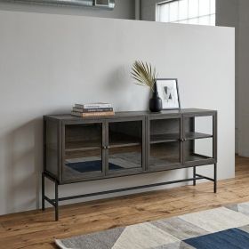 Black Solid Mango Wood Finish Sideboard With 4 Glass Cabinet Doors