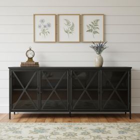 Black Solid Metallic Bronze Finish Sideboard With 4 Glass Cabinet Doors