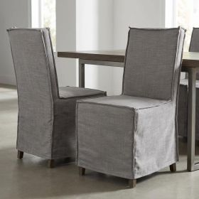Set Of Two Gray And Brown Slipcovered Wood Parsons Chairs