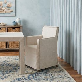 Cream And Brown Slipcovered Wood Dining Arm Chair