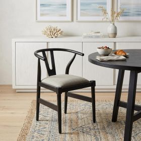 Beige And Black Upholstered Linen Wishbone Back Dining Side Chair