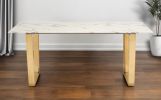 71" White And Gold Faux Marble And Steel Sled Base Dining Table