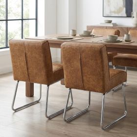 Set Of Two Brown Upholstered Faux Leather Side Chairs With Wheels