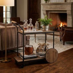 Natural and Black Reclaimed Wood Bar Cart With Wine Storage