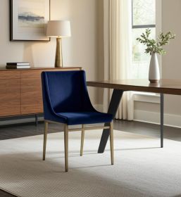 Set of Two Blue Velvet Antique Brass Contemporary Dining Chairs
