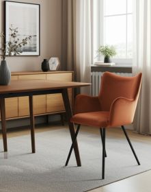 Rust Orange Curvy Velvet and Black Modern Dining Chair