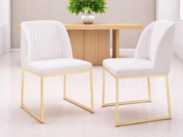 Set of Two White Gold  Faux Leather Fabric Dining Chairs