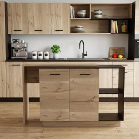 Black and Light Oak Contemporary Kitchen Island with Bar Table