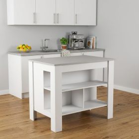 Marble and White Kitchen Island with Three Storage Shelves
