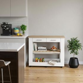 Light Oak and White Kitchen Island with Drawer Shelves and Casters