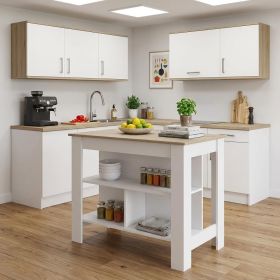 Light Oak and White Kitchen Island with Three Storage Shelves