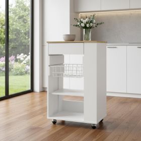 Sleek White and Light Oak Portable Kitchen Cart