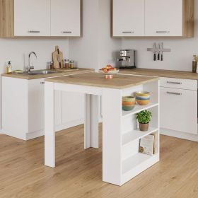 Stylish White and Pine Kitchen Counter and Dining Table Combination
