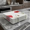 Red and White Six Piece Square Floral Bone China Service For Six Dinner Plate Set