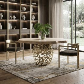 63" Brown And Brass Rounded Solid Wood And Iron Pedestal Base Dining Table