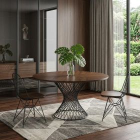 54" Brown And Black Rounded Solid Manufactured Wood And Iron Pedestal Base Dining Table