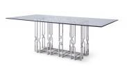 87" Clear And Silver Glass And Stainless Steel Pedestal Base Dining Table