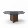 71" Smoky Black And Brown Rounded Glass And Solid Manufactured Wood Pedestal Base Dining Table