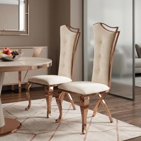 Set of Two Tufted Beige And Rose Gold Upholstered Velvet Dining Side Chairs