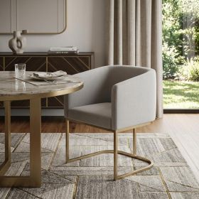 Light Gray And Antiqued Brass Upholstered Fabric Dining Arm Chair