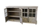 83" White Wash Gray Solid Wood Four Door Side Board with Glass Inserts