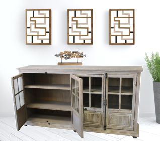 83" White Wash Gray Solid Wood Four Door Side Board with Glass Inserts