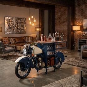Blue and White Metal Glider Motorcycle Rolling Bar Cart With Wine Storage