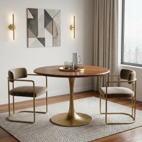 30" Brown And Gold Rounded Solid Wood And Iron Pedestal Base Dining Table