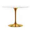 40" White And Gold Rounded Marble And Metal Pedestal Base Dining Table