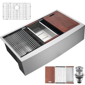 Farmhouse Kitchen Sink, 304 Stainless Steel Drop-In Sinks, Top Mount Single Bowl Basin with Ledge & Accessories